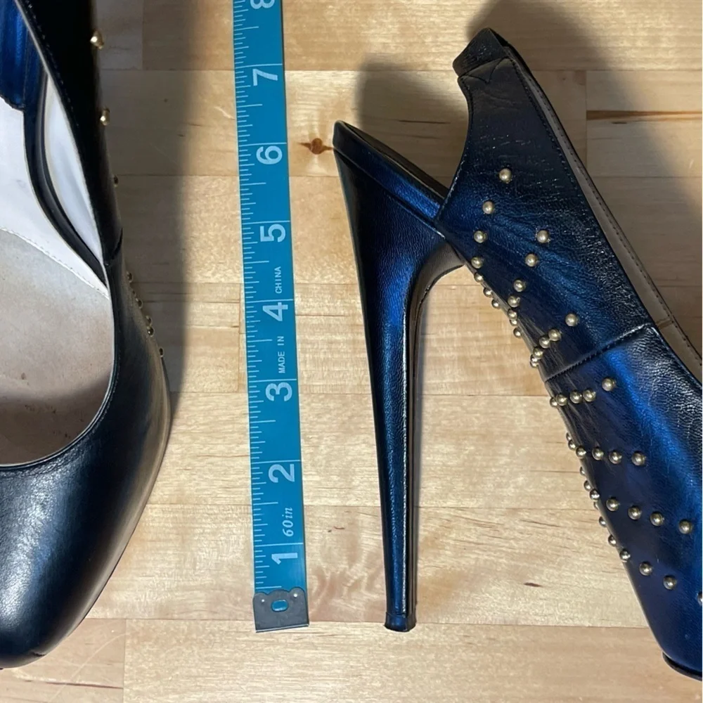 B Brian Atwood Black Studded Leather Platform Slingback Pumps Designer Heels